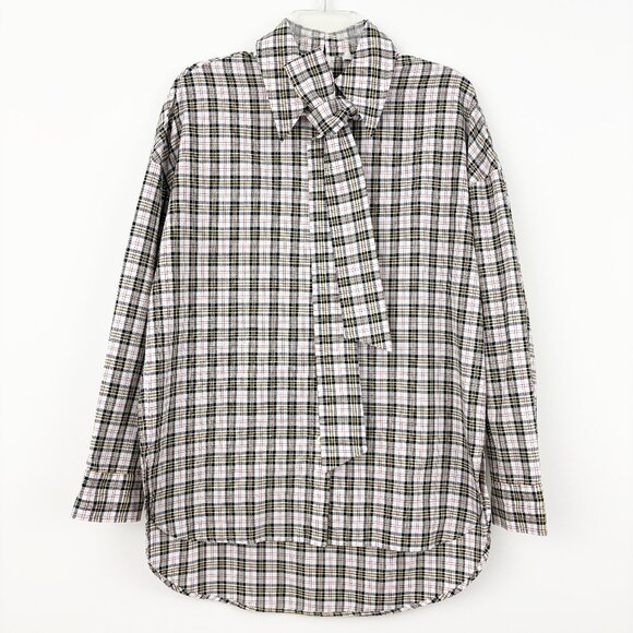 TIBI Kingston Plaid Neck Tie Button Up Shirt Size S Back Zip Long Sleeve Cotton - Picture 3 of 13